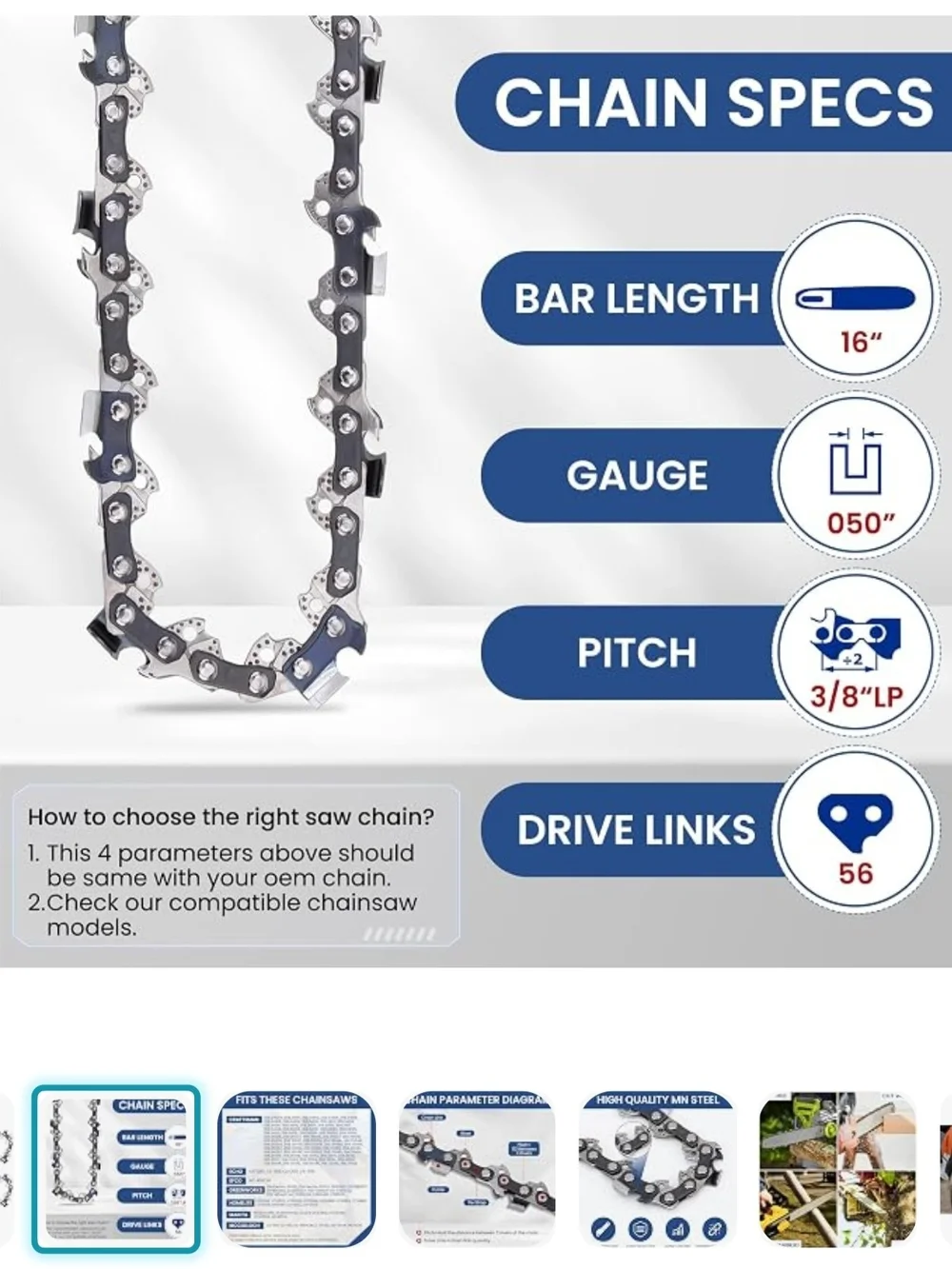 2 Pack 16 8nch Chainsaw Chain 3/8 Inch Lp Pitch 0.050 Gauge 56 Drive Links (46)